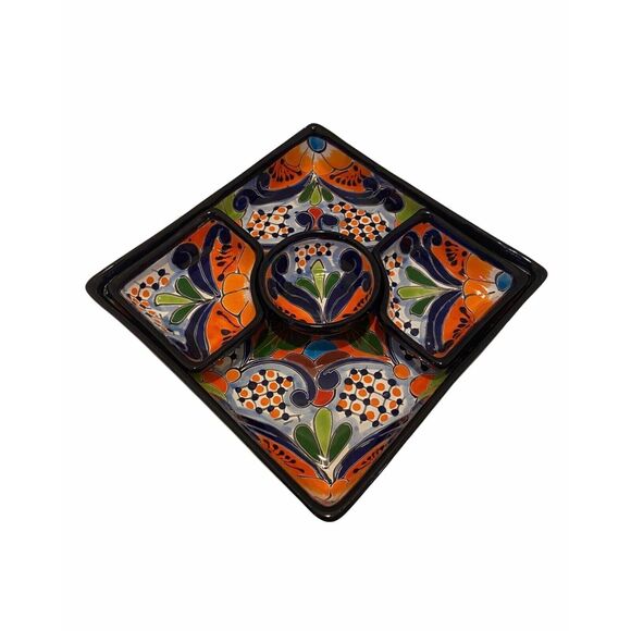 Vintage Talavera Large Hand Painted Serving Plate and 2 Small Corner Dishes Blue - Picture 1 of 12